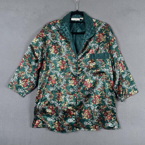 Victoria's Secret Other - Victorias Secret Pajama Top Womens S Green Floral Satin Kimono Quilted Button